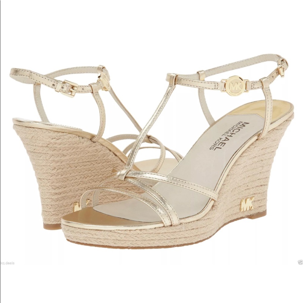 Michael Kors gold T strap wedges